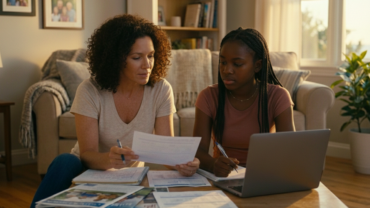 "A mother and her teenage daughter sit together at a coffee table, diligently reviewing recruiting paperwork and looking at a laptop, illustrating the complex D1 recruiting maze that families must navigate. Get help from Salava Volleyball.."